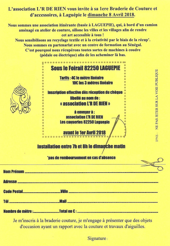 BRADERIE COUTURE 8 AVRIL 2018 à LAGUEPIE (82)